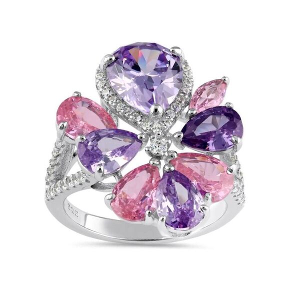Sterling Silver Pink and Lavender CZ Cluster Ring New - Picture 2 of 4